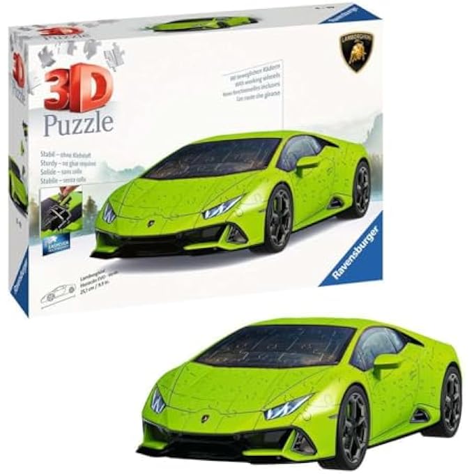 LAMBORGHINI‑HURACN‑EVO‑VERDE PREMIUM 3D PUZZLE 108 PIECE 1:18 SCALE MODEL WITH ROTATING WHEELS | NO GLUE NEEDED EASY CLICK ASSEMBLY DISPLAY BASE INCLUDED| 11559‑4 - Image 3